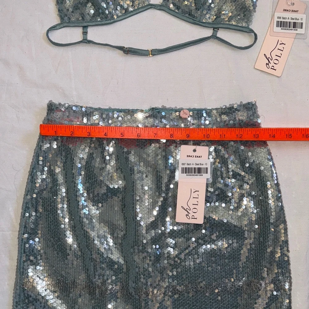 Oh Polly teal blue Sequin Bralette and Skirt Set - Picture 7 of 10